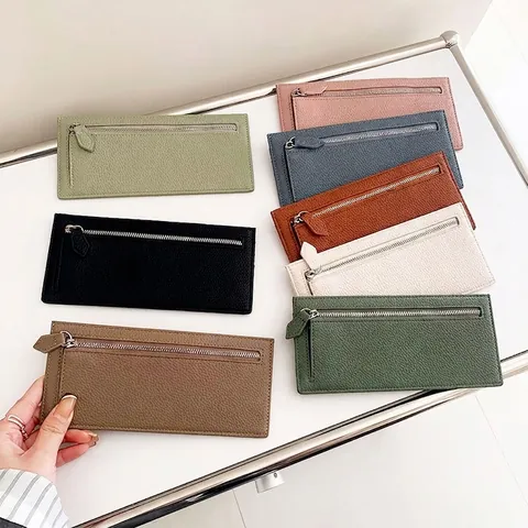 Women Long Wallet Ultra Thin Litchi Texture PU Leather Multi Card Slots Minimalist Zip Coin Purse Card Holder