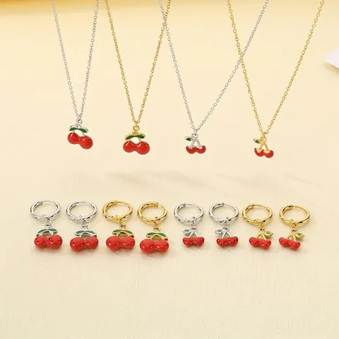 Collana E Orecchini Ciliegia Acciaio Inossidabile Frutta Rossa Smalto Gioielli Moda Dolce E Fresca Per Donne