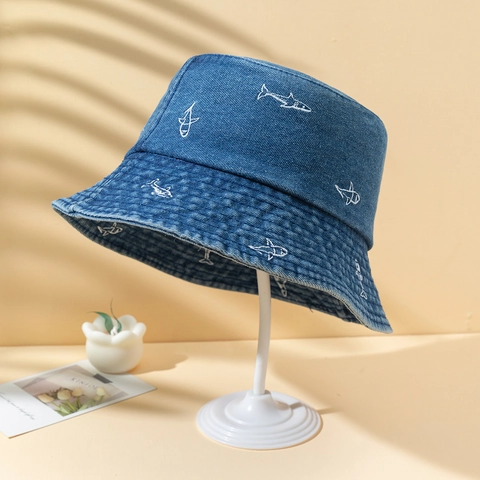 Cappello Da Pescatore Denim Cotone Ricamo Squalo Parasole Stile Casual Giapponese Unisex