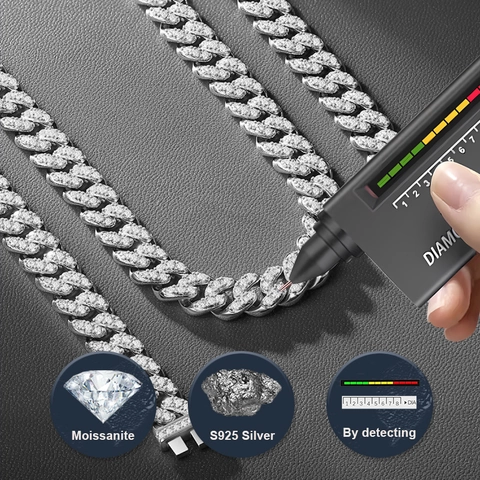 925 Sterling Silver Moissanite Cuban Link Chain Necklace For Men Hiphop Iced Out Round Cut Moissanite Link Chain Jewelry Gift