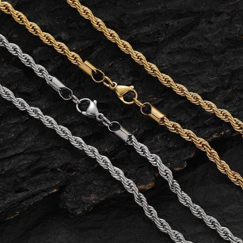 Collier Bracelet Chaîne Corde en Acier Inoxydable Unisexe Plaqué Or 18K Bijoux Style Hip Hop