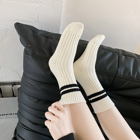 Women Combed Cotton Ribbed Knit Mid Calf Crew Socks Double Stripe Retro Sporty Casual