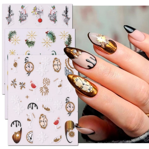 Autocollants Art Des Ongles Noël 5D Gaufré Flocon De Neige Horloge Champagne Nouvel An Hiver Décoration DIY Femme