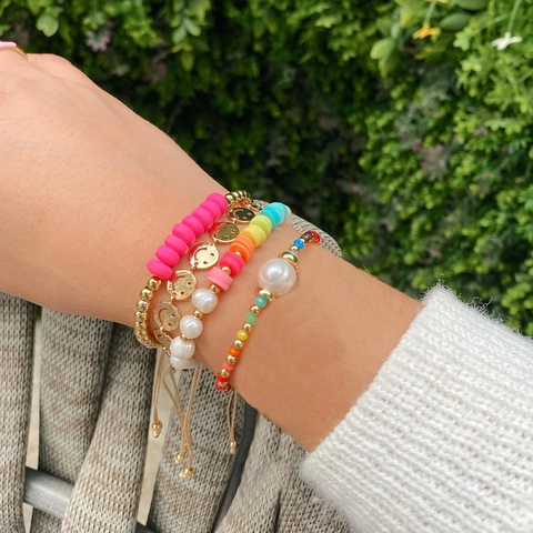 Boho Bunte Polymerton Perlen Smiley Gesicht Süßwasserperle Armband Für Damen Ethnisch Handgewebt Verstellbar Schmuck Kollektion