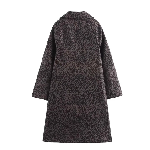 Women Leopard Print Wool Blend Coat French Fashion Lapel Long Sleeve Single Breasted Vintage Outerwear