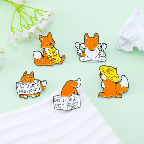 Broches De Esmalte De Zorro De Dibujos Animados Pines Comidista Pizza Animal Aleación Insignias Para Ropa Mochila Accesorios Joyería