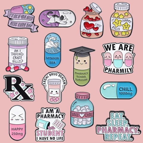 Creative Pharmacy Series Enamel Brooch Set Alloy Cartoon Pill Capsule Medicine Bottle Badge For Pharmacist Medical Student Gift Jewelry