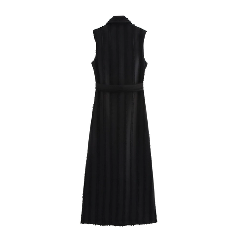Vestito Maxi Senza Maniche Doppio Petto Con Cintura Collo A Giacca Elegante Orlo Sfrangiato Stile Urbano Nero