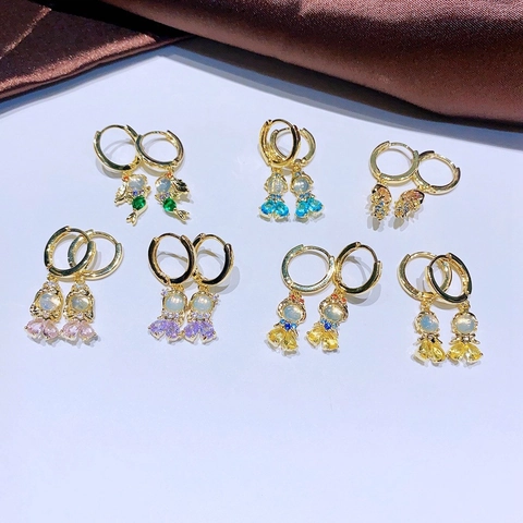 Pendientes De Aro Con Figura De Dibujos Animados Cobre Bañado En Oro De 14K Circón De Colores Opalo Sintético Dulce