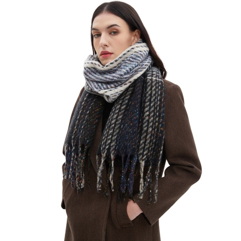 Écharpe D'Hiver Pour Femmes Motif À Carreaux Dégradé Châle Surdimensionné Chaud Avec Longues Franges Cache-Cou Mode