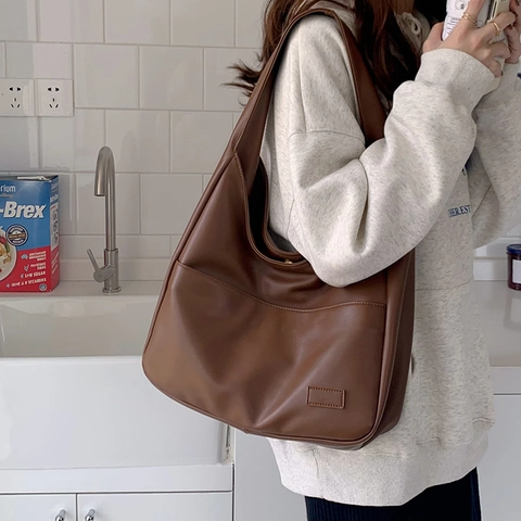 Minimalist PU Leather Large Capacity Shoulder Bag Solid Color Hobo Tote Handbag For Women Daily Commuter Work School
