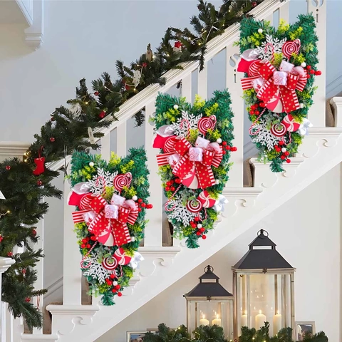Christmas Teardrop Swag Candy Upside Down Tree Ornament Artificial Pine With Bows Lollipop For Door Staircase Wall Decor