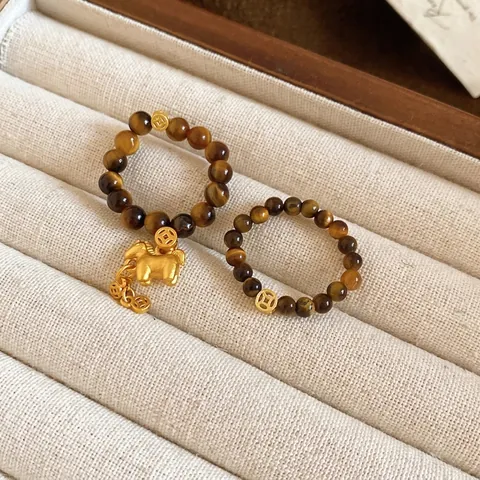 Tijgeroog Steen Kralen Ring Gouden Koperen Paard Munt Hanger Vintage Chinese Stijl Elastische Vinger Sieraden Dames