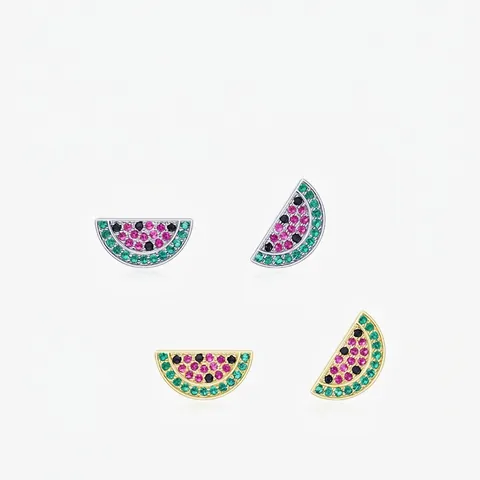Watermelon Stud Earrings 925 Sterling Silver With Colorful Cubic Zirconia Summer Fruit Fashion Jewelry For Women