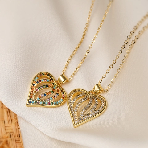 Heart Pendant Necklace Hollow Copper Gold Plated With Colorful Zircon Stylish Jewelry For Women Elegant