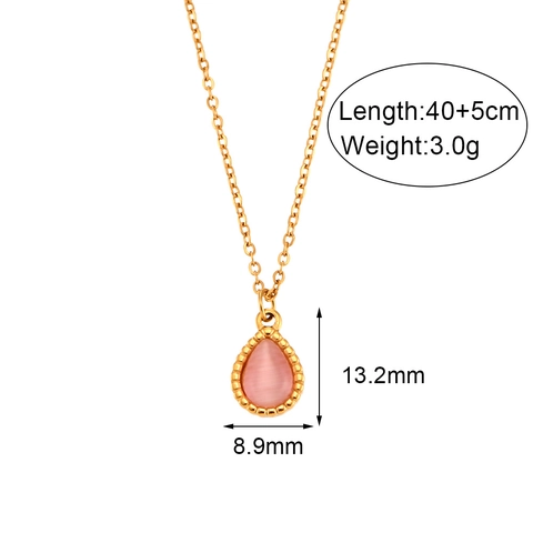 Stainless Steel Cat's Eye Stone Pendant Necklace Water Drop Shape Gold Chain For Women Simple Elegant Jewelry Gift