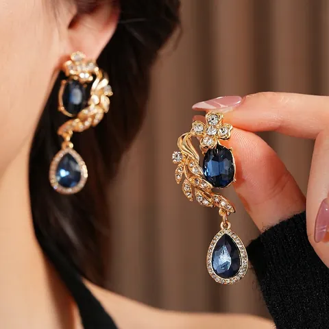 Boucles D'Oreilles Pendantes Style Cour Rétro Avec Pierre Précieuse Larme Bleue Motif Fleur Feuille Alliage Strass Et Tige En Argent