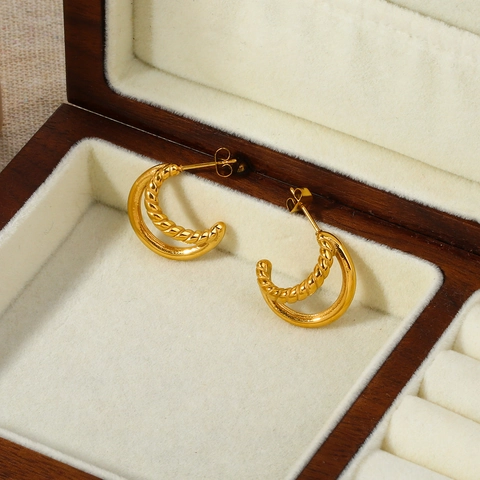 Double Layer C Shaped Stud Earrings 18K Gold Plated Stainless Steel Twisted Rope Geometric Fashion Jewelry For Women