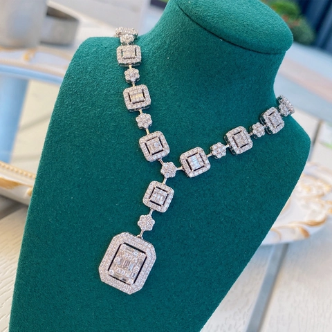 Luxus Weißgold Vergoldetes Kupfer Halskette Und Verstellbarer Offener Ring Mit Quadratischem Strass Schmuck Für Frauen