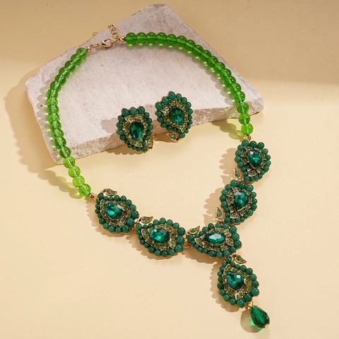 Collana E Orecchini A Goccia D'acqua Verde Smeraldo Vintage In Lega Vetro Cristallo Strass Con Perno In Argento Donna