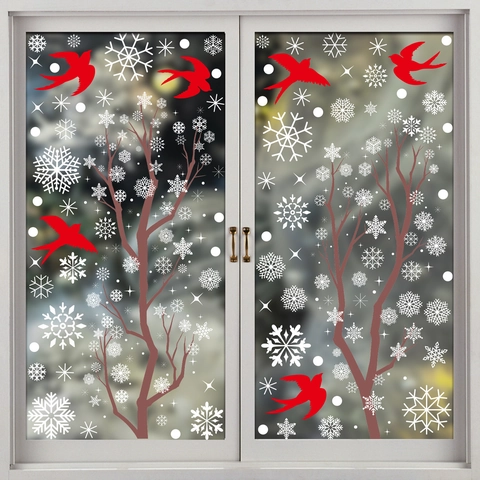 Christmas Window Stickers Static Cling PVC Snowflakes Reindeer Bird House Glass Decoration Winter Holiday Festive Decor