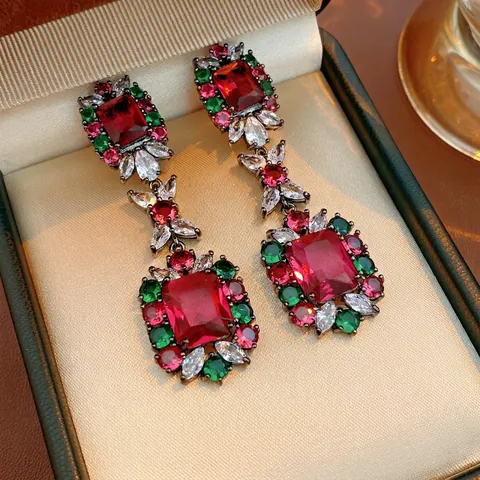 Vintage Baroque Drop Earrings Colorful Zircon Luxury Palace Style With Silver Earring Post For Women Copper Jewelry