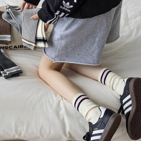 Slouch Socks Combed Cotton Ribbed Knit Striped Cuffs Speckled Dots Yarn Mid Calf Height Japanese Style Breathable For Women