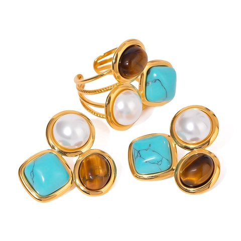 Anello Aperto in Acciaio Inossidabile Vintage per Donna Perla Artificiale Occhio di Tigre Turchese Pietra Geometrico Regolabile