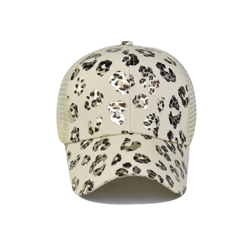 Damen Pferdeschwanz Baseballkappe Leopardenmuster Criss Cross Mesh Trucker Hut Sonnenschutz Baumwolle Polyester Verstellbar