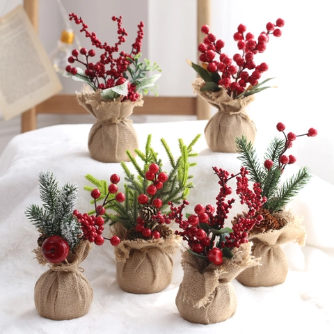 Mini Arbre De Noël Artificiel Ornement De Baies De Bureau Aiguille De Pin Pomme De Pin Base En Lin Décoration Rustique