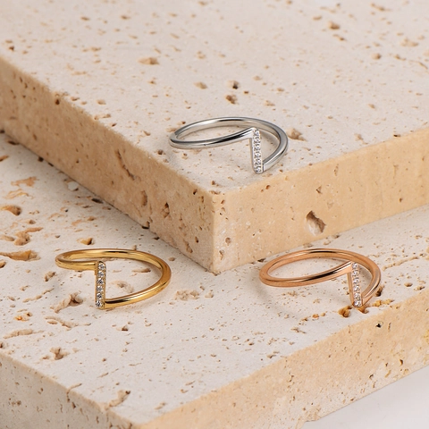 Adjustable Open Ring 304 Stainless Steel Geometric Wave Shape Mini Zircon Inlay Minimalist Fashion Jewelry For Women