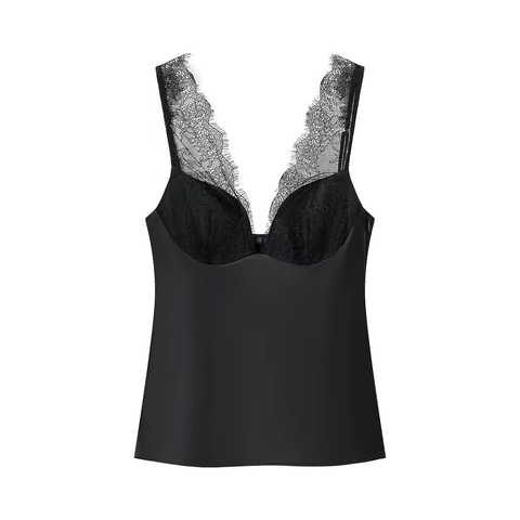 Camiseta De Tirantes Sexy Satin Cami Para Mujer Encaje Patchwork Cuello En V Slim Fit Streetwear Moda Casual