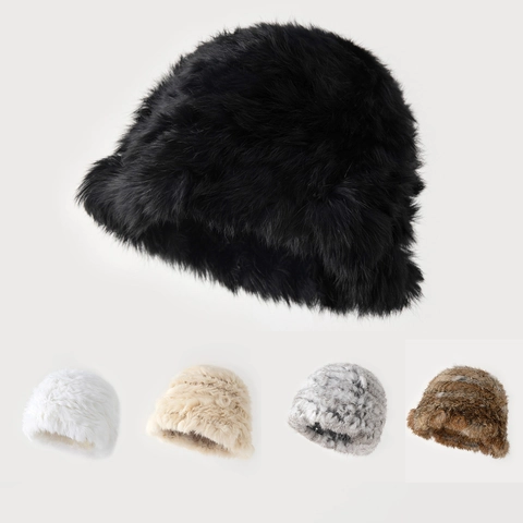 Gorro de Pescador de Piel Sintética para Mujer Invierno Cálido Peluche Grueso Tejido Vintage Color Sólido Accesorio Diario