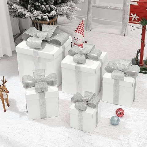 Christmas Gift Boxes White Square Paper With Silver Glitter Ribbon Bow Decorative For Holiday Tree Display Party Elegant Modern