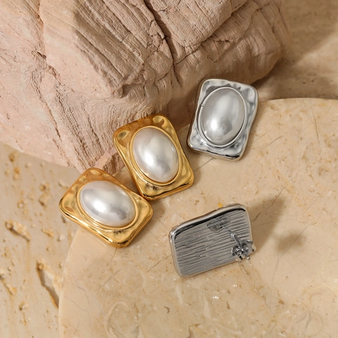 Pendientes De Botón Rectangulares Acero Inoxidable 316 Perla Artificial Ovalada Grande Textura Metal Martillado Estilo Francés Mujer