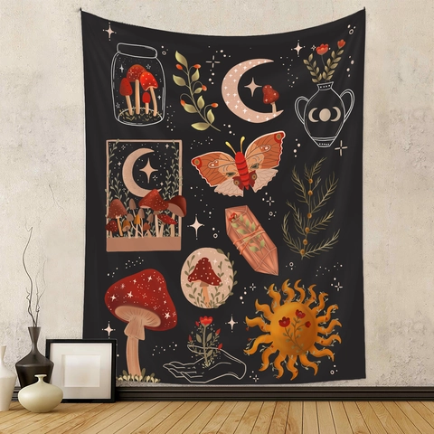 Tapiz De Pared Bohemio Hongo Luna Estrellas Poliéster Vintage Desierto Cactus Serpiente Arte Tela Colgante Para Dormitorio Sala