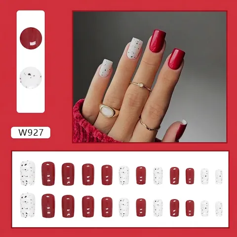 Square Burgundy Press On Nails Wine Red Glossy Artificial Nails With Black Splatter Pattern Sweet Cool Style Nails