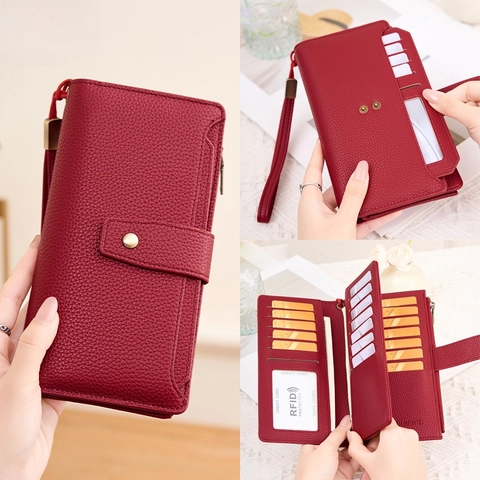 Damen Geldbörse Lang RFID Schutz PU Leder Litchi Muster Viele Kartenfächer Große Kapazität Mit Handschlaufe Clutch