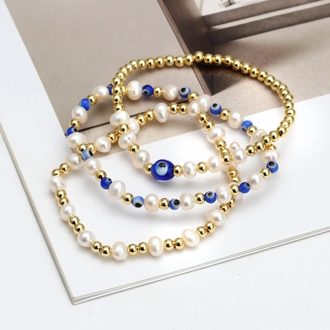 Turkish Evil Eye Beaded Bracelets Copper Gold Plated Artificial Pearl Stackable Bohemian Jewelry For Women Travel Gift