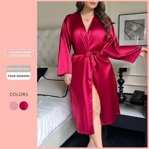 Vestaglia Donna Imitazione Raso Satin Scollo A V Cintura Maniche Lunghe Taglie Forti Abbigliamento Da Notte Homewear Elegante Tinta Unita