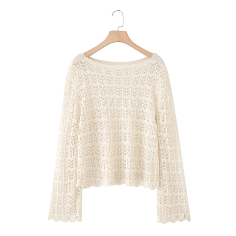 Women Crochet Knit Top Cotton Blend Hollow Out Long Sleeves Scalloped Hem Elegant French Style Vintage Sweater