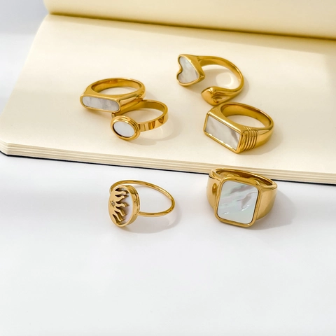 Vintage Gold Stainless Steel Ring Mother Of Artificial Pearl Shell Inlay Geometric Heart Sun Minimalist Jewelry For Women