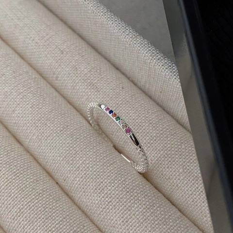 S925 Sterling Silver Rainbow Zirconia Open Ring For Women Minimalist Adjustable Colorful Stone Geometric Finger Ring Jewelry Gift