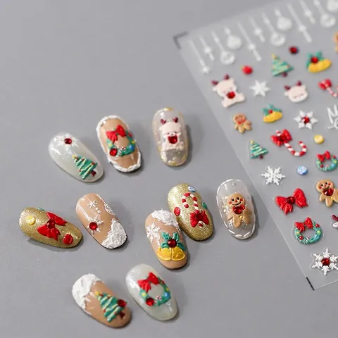 Embossed Christmas Nail Stickers Relief Design Gingerbread Man Snowflake Decals Self Adhesive Manicure Decoration For Winter Holiday
