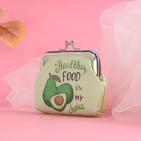 Cartoon Avocado Coin Purse PU Leather Mini Wallet Kiss-lock Metal Clasp Portable Fruit Print Pouch For Women Girls