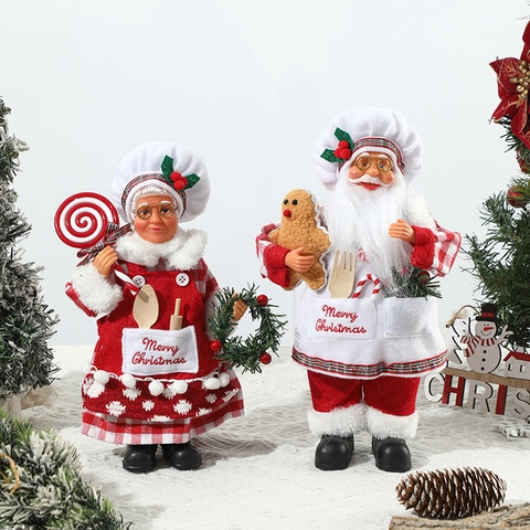 Christmas Chef Santa Claus And Mrs Claus Figurines Red White Plaid Fabric Desktop Ornaments Kitchen Hotel Restaurant Decor