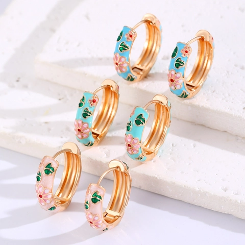 Retro Chinese Style Copper Flower Enamel Hoop Earrings For Women Gold Plated Floral Drip Oil Jewelry Gift Multicolor Earring