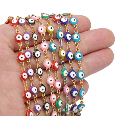 Stainless Steel Evil Eye Beads Chain Colorful Enamel Drip Oil For DIY Bracelet Necklace Jewelry Making Finding