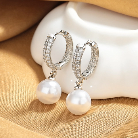 Elegant Shell Artificial Pearl Drop Earrings With Micro Pave Cubic Zirconia Gold Plated Hoop Dangle For Women Fashion Jewelry