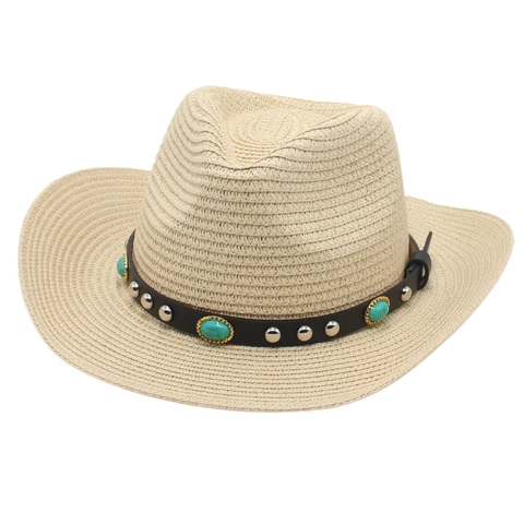 Chapeau De Cow-boy En Paille Western Avec Faux Turquoise Et Rivets En Argent Ceinture PU Large Bord Protection Solaire Style Bohème Rétro